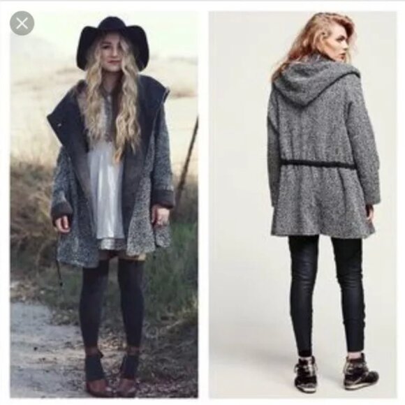 Free People Satellite Image Swing Coat Tweed Hooded Black White Women Size XS - Picture 2 of 16
